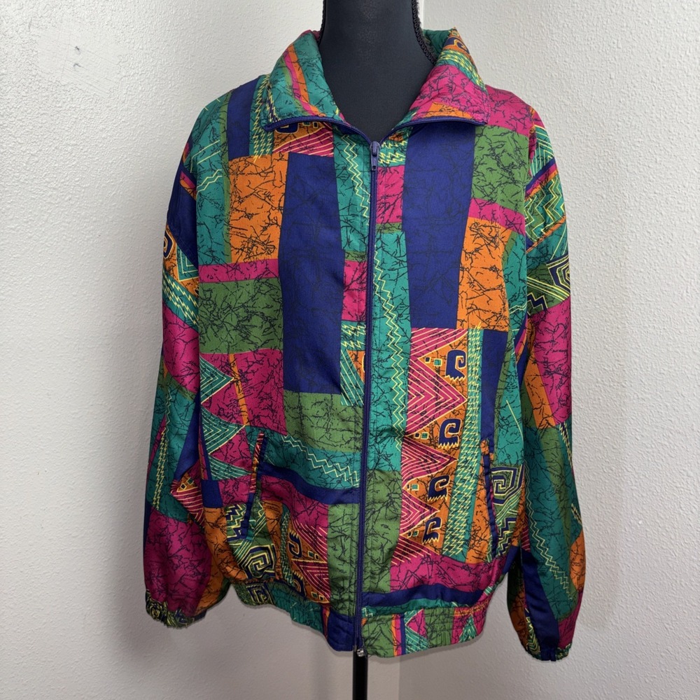 Vintage EVR Windbreaker Bomber Jacket Women's‎ Medium Multicolor Geometric Retro